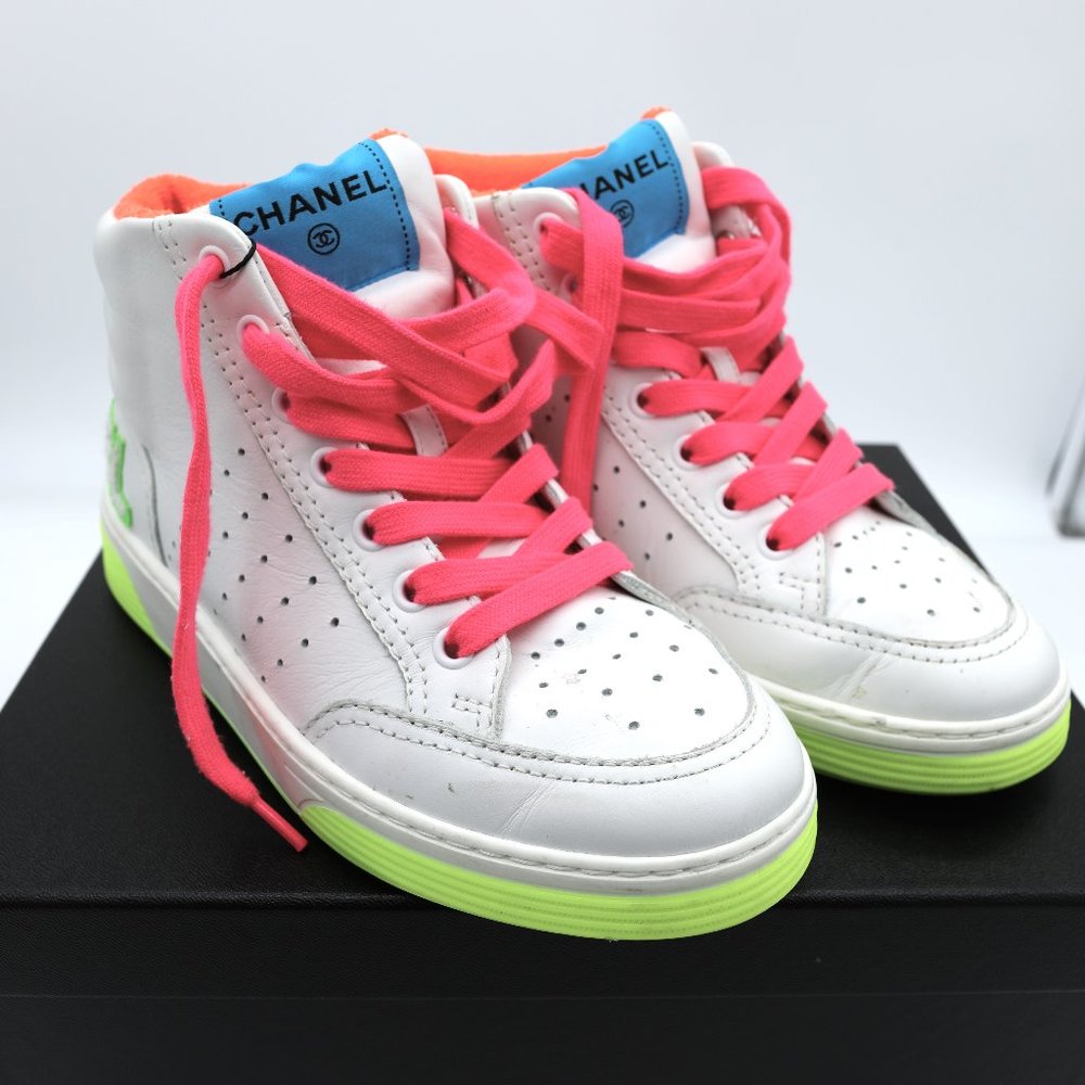 Chanel Calfskin Women's Logo Sneakers - Size 36 1/2 - White & Bright Multicolor